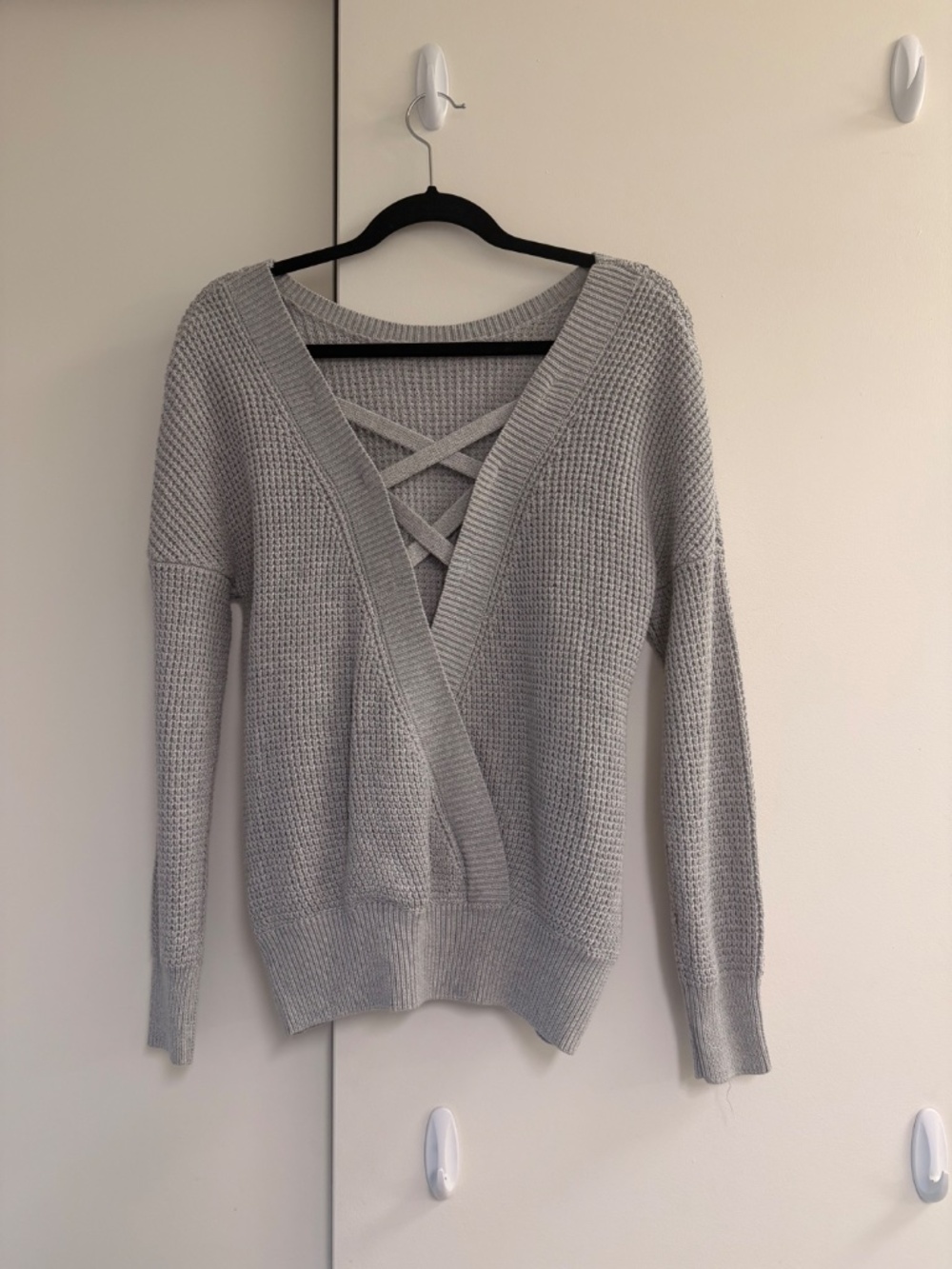 Criss Cross V Back Hollow Out Long Sleeve Sweater, Casual Crew Neck Knitted Grey - Picture 4 of 6